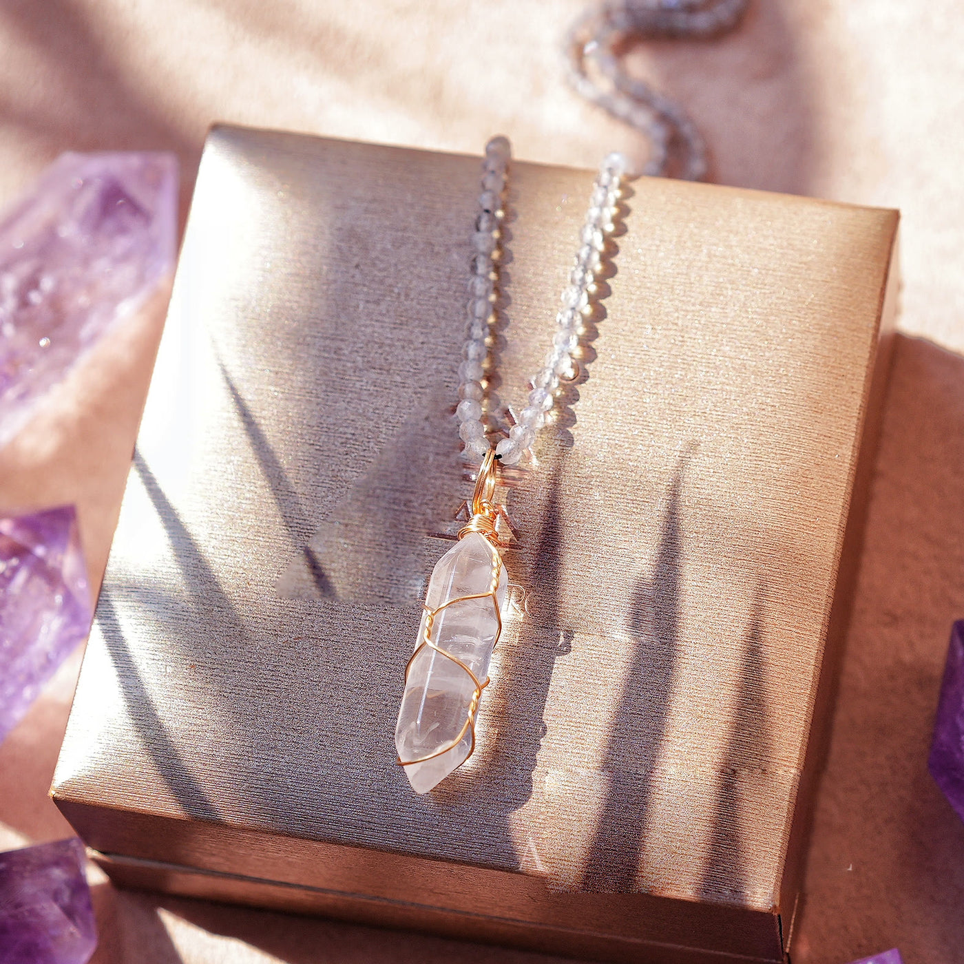 Olivenorma Natural Rough Stone Crystal Column Pendulum Necklace