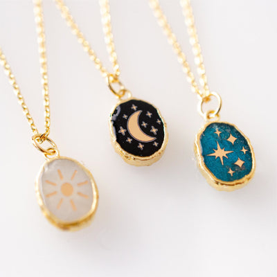 Olivenorma "Moon, Star and Sun" Celestial Gemstone Carved Necklace