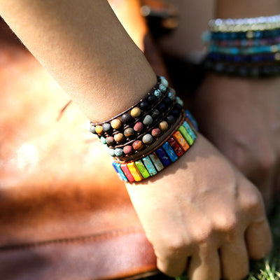 Frosted Turquoise Beaded Handwoven Leather Wrap Bracelet