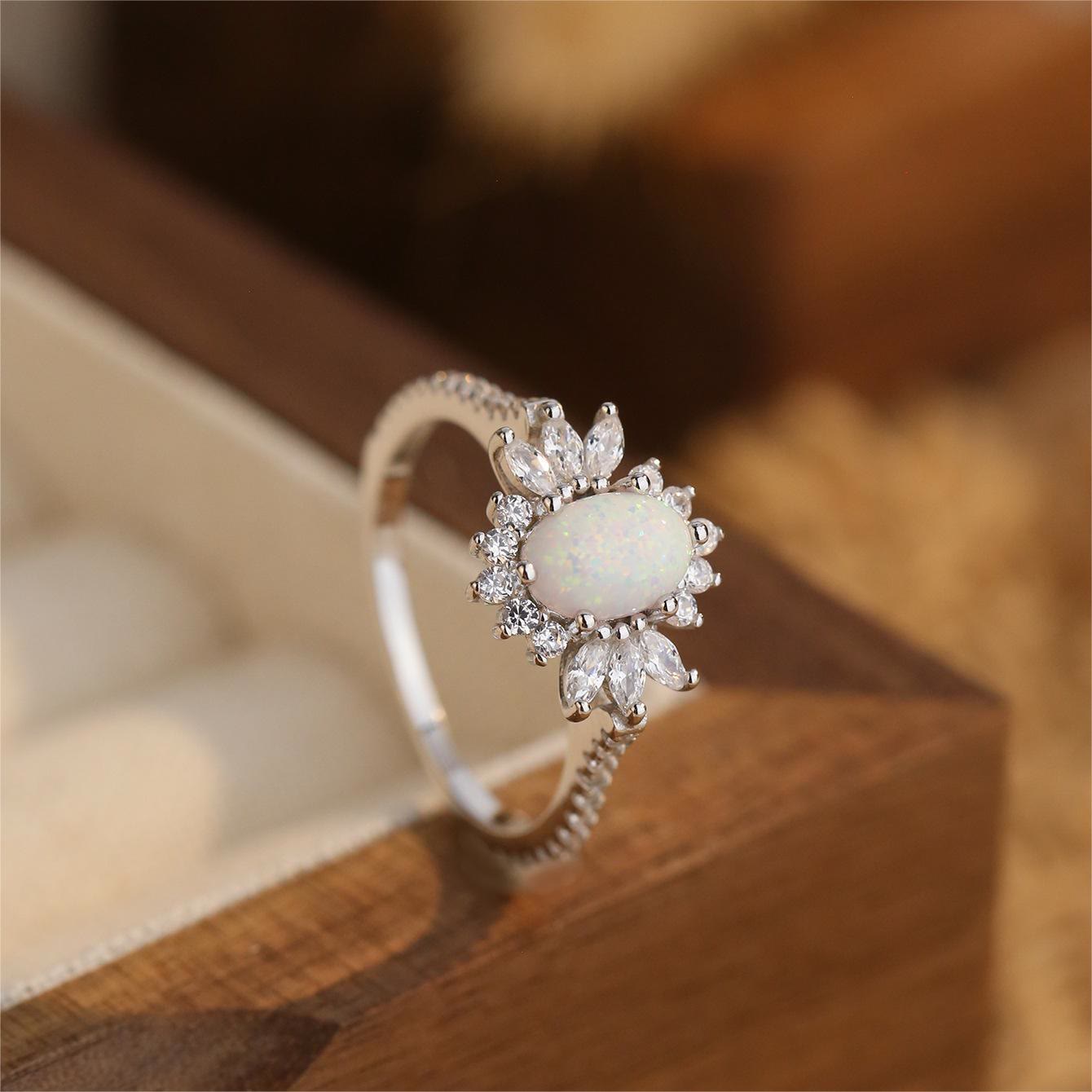 Olivenorma White Blue Opal Sunflower Design 925 Silver Ring