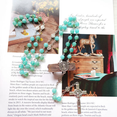 Olivenorma Amazonite Medal Silver Cross Rosary Pendant Necklace