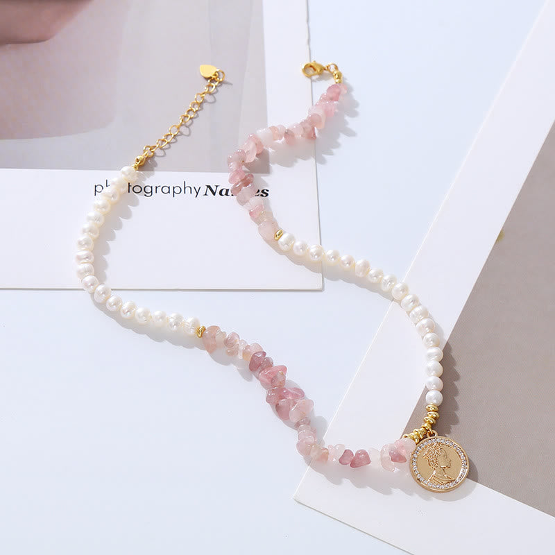 Olivenorma Irregular Strawberry Quartz Pearl Metal Sheet Pendant Necklace