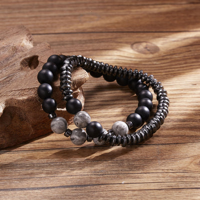 Olivenorma Gray Jasper Black Onyx Men Beaded Bracelet Set