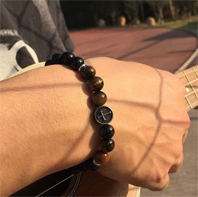 Olivenorma 8mm Natural Tiger Eye Beaded Men Cross Bracelet