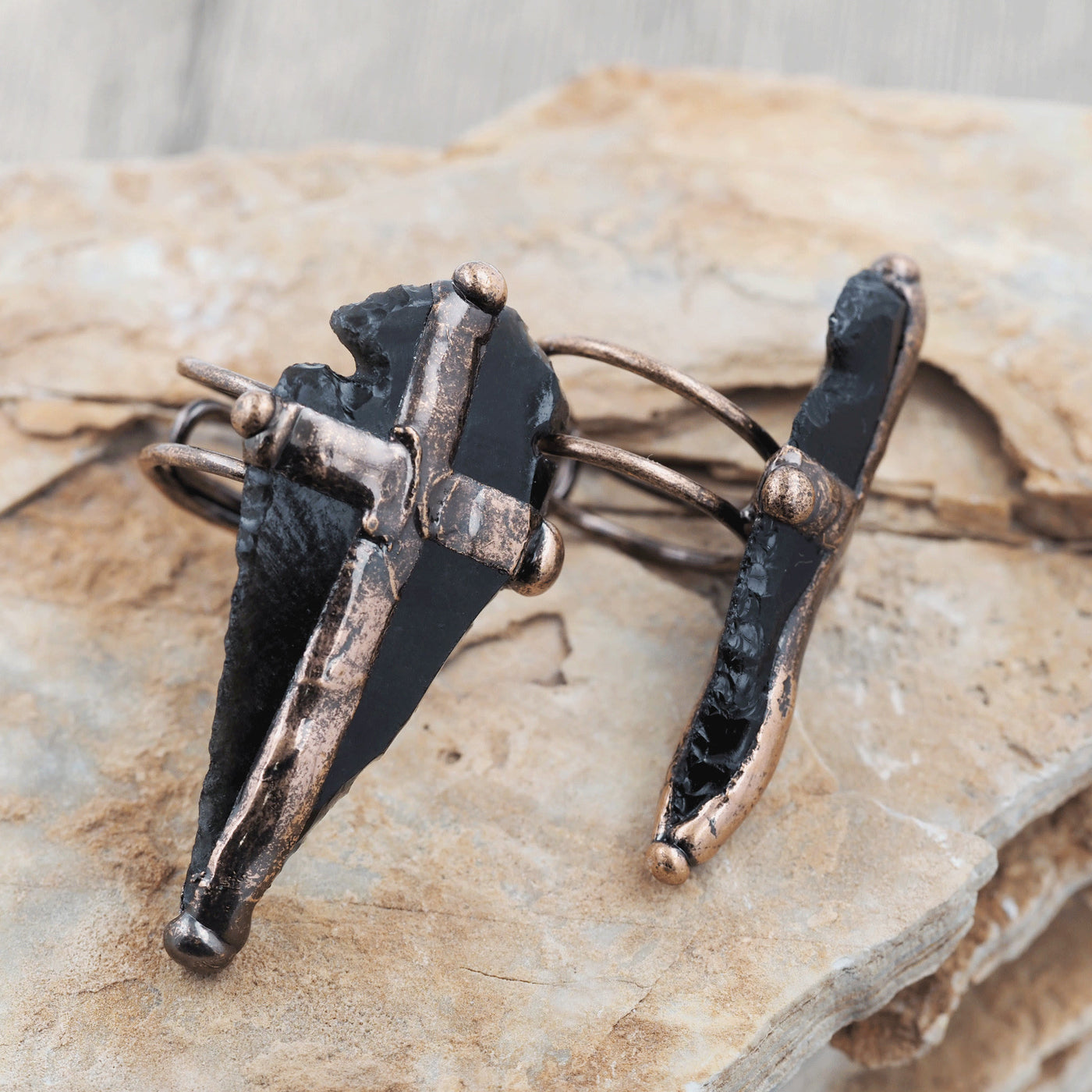 Olivenorma Natural Obsidian Shield Cross Shape Ring