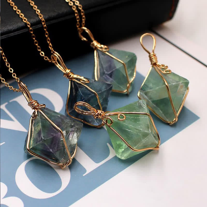 Olivenorma Natural Fluorite Octahedron Gemstone Necklace