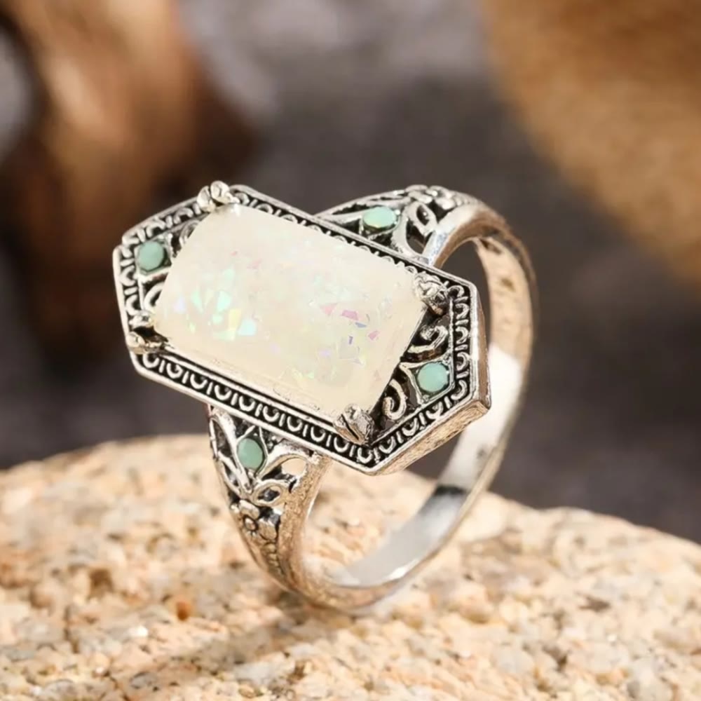 Olivenorma Square White Opal Antique Silver Ring - image 2