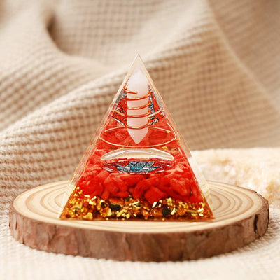 Olivenorma Opal With Red Coral Hamsa Orgone Pyramid