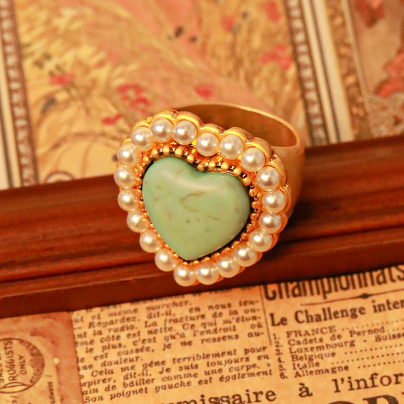 Olivenorma Turquoise Pearl Heart Shape Adjustable Ring