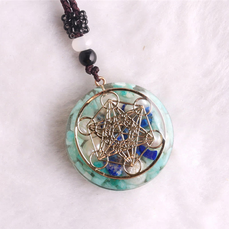 Olivenorma Amazonite Lapis Lazuli Pearl Metatron's Cube Pendant Necklace