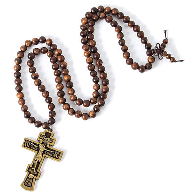 Olivenorma Cross Pendant Wooden Beads Rosary Necklace