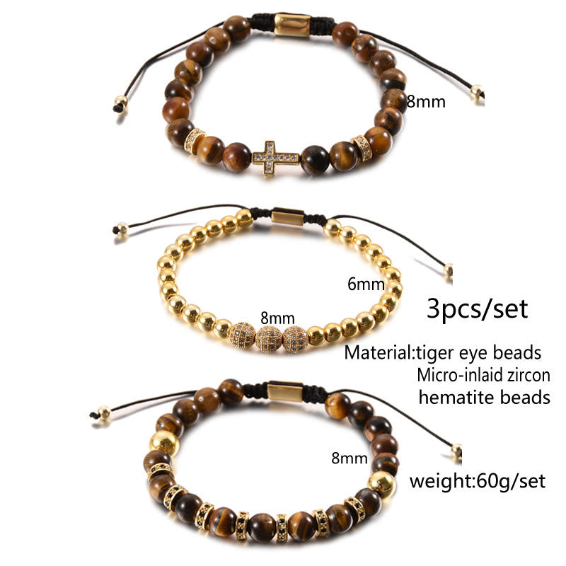 Olivenorma 3Pcs/Set Tiger Eye Stone Beaded Men Cross Bracelet