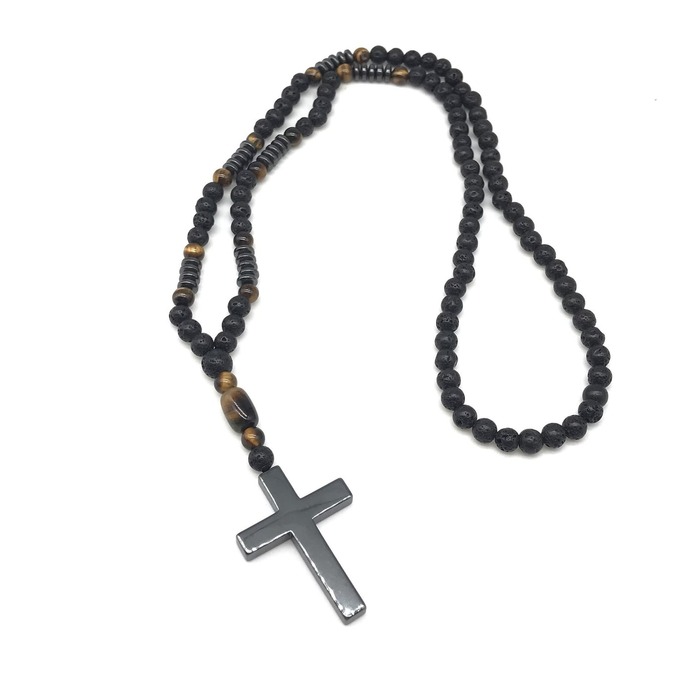 Olivenorma Wood Beads Stone Cross Pendant Rosary Necklace