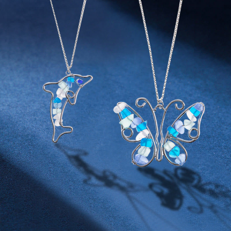 Olivenorma Butterfly & Dolphin Sea Glass Necklace