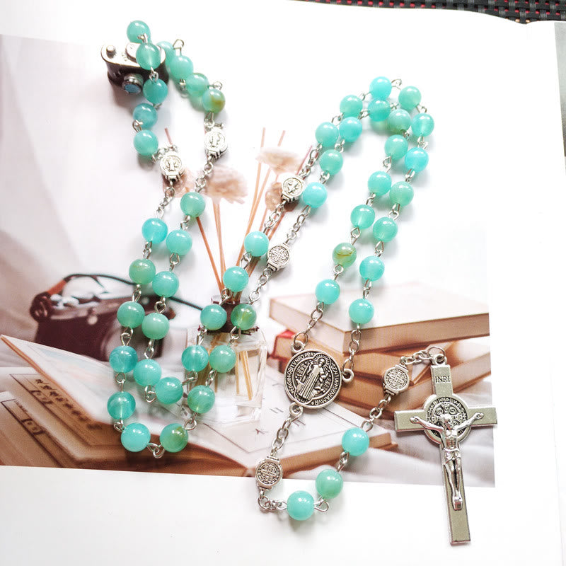 Olivenorma Amazonite Medal Silver Cross Rosary Pendant Necklace