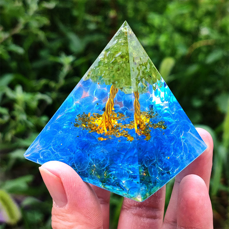 Olivenorma Kyanite with Peridot Tree Of Life Orgone Pyramid