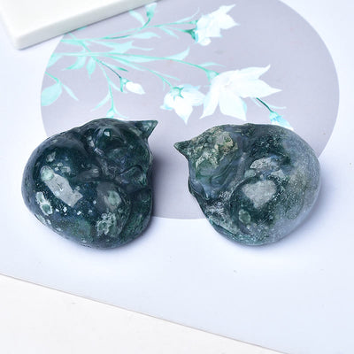 Olivenorma Moss Agate Sleeping Cat Carving Gemstone Decoration