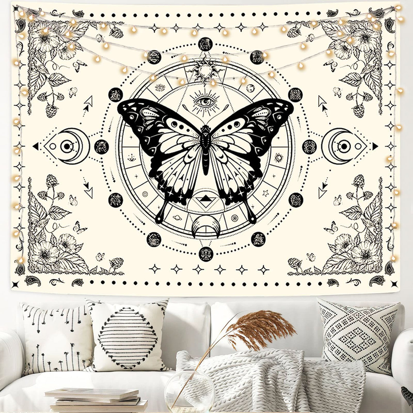 Olivenorma Black Butterfly Moon Flower Beige Tapestry