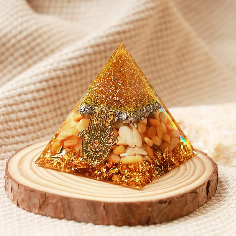 Olivenorma Yellow Jade Hamsa Protection Orgone Pyramid