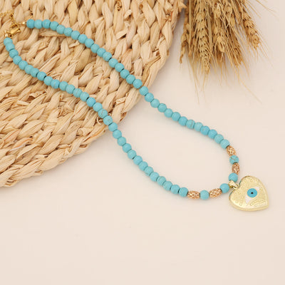 Olivenorma Turquoise Bohemian Heart  Evil Eye Pendant Necklace