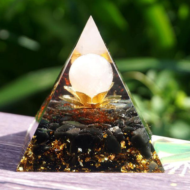 Clear Quartz Obsidian Lotus Symbol Orgone Pyramid