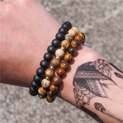 Olivenorma 3Pcs Picture Jasper Tiger Eye Black Onyx Beaded Bracelets