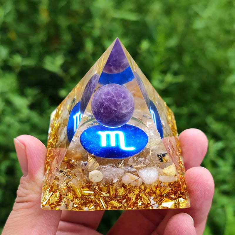 Olivenorma Amethyst with Clear Quartz Scorpio Zodiac Orgone Pyramid