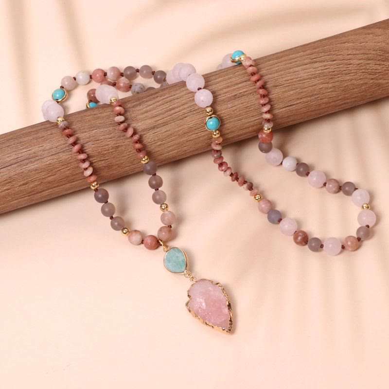 Natural Rose Quartz Mala Prayer Arrowhead Pendant Necklace