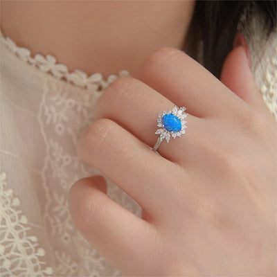 Olivenorma White Blue Opal Sunflower Design 925 Silver Ring