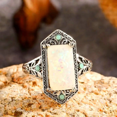 Olivenorma Square White Opal Antique Silver Ring - Opal&Peridot - AU Size V1/2 (US 11) - image 1