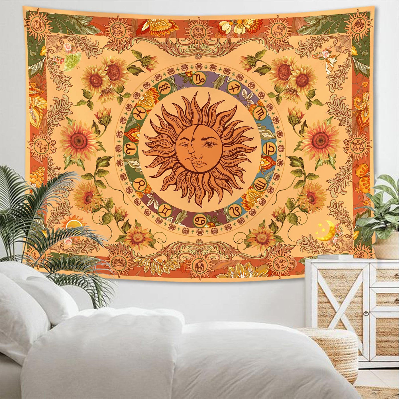 Olivenorma Yellow Orange Sun And Moon Sunflower Tapestry