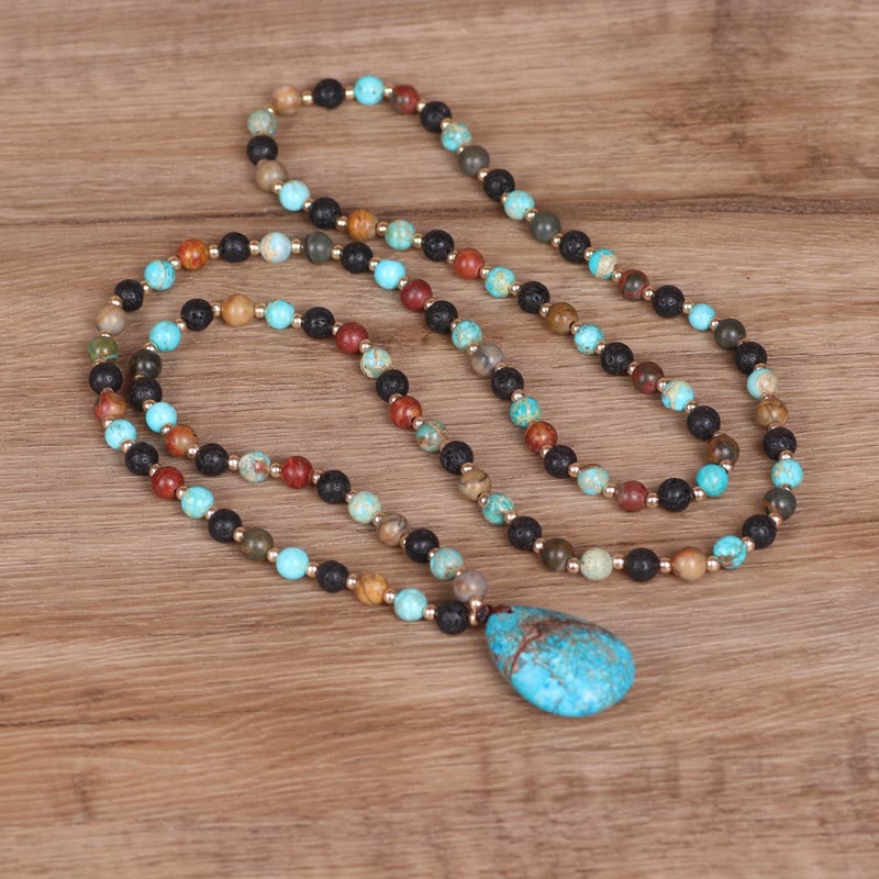 Olivenorma Turquoise Drop Shape Pendant Mala Beaded Necklace