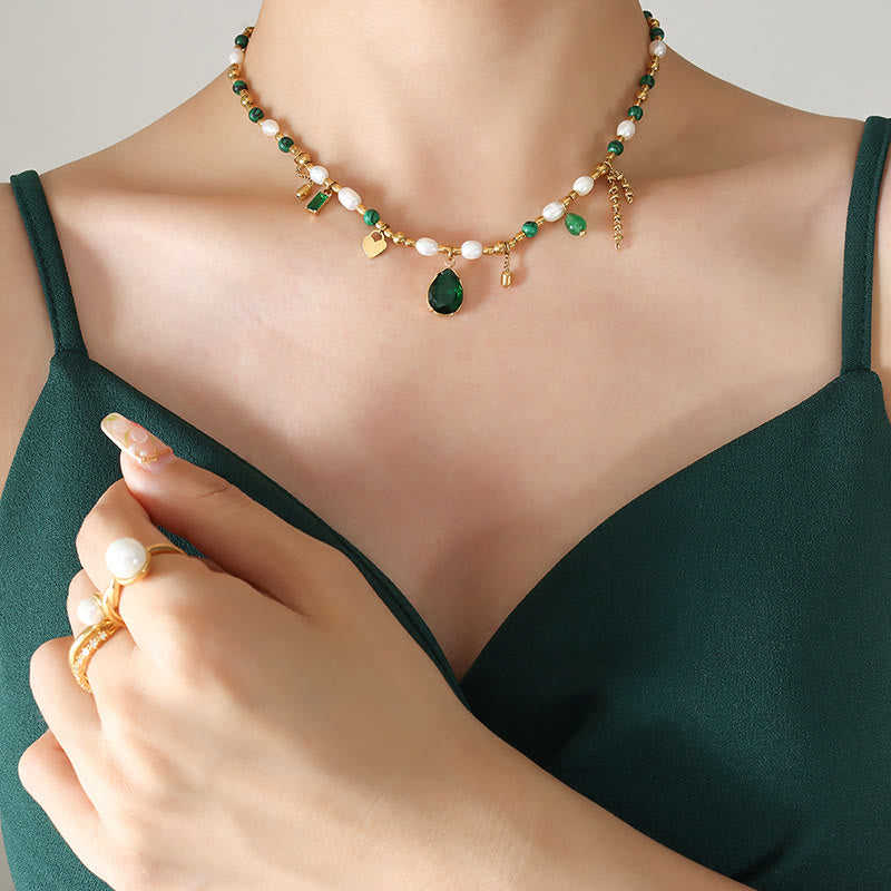 Olivenorma Emerald Pearl Beaded Non Fading Gold Necklace