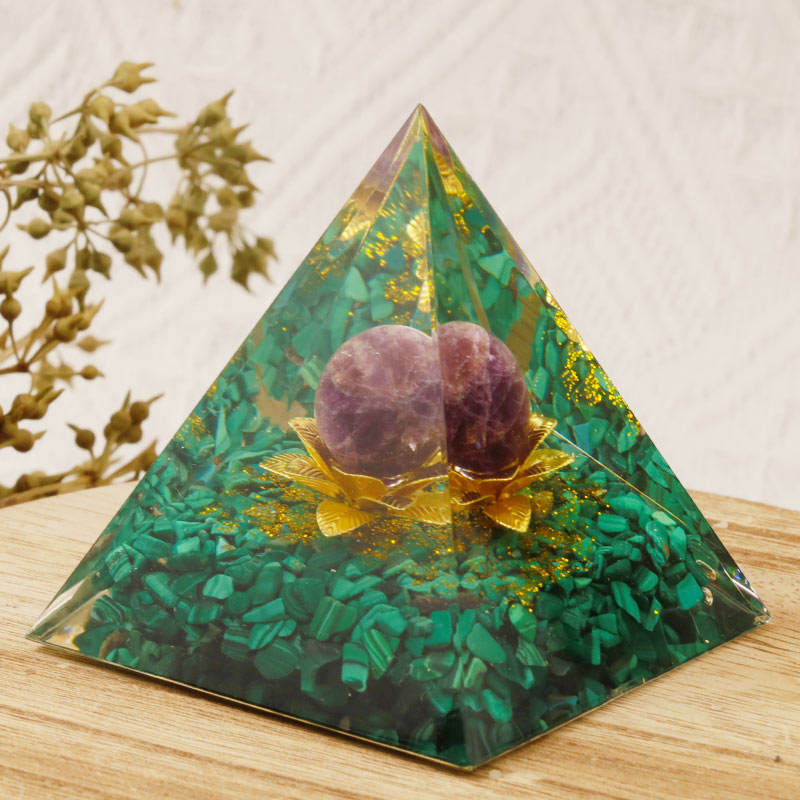 Olivenorma Amethyst Malachite Lotus Symbol Orgone Pyramid