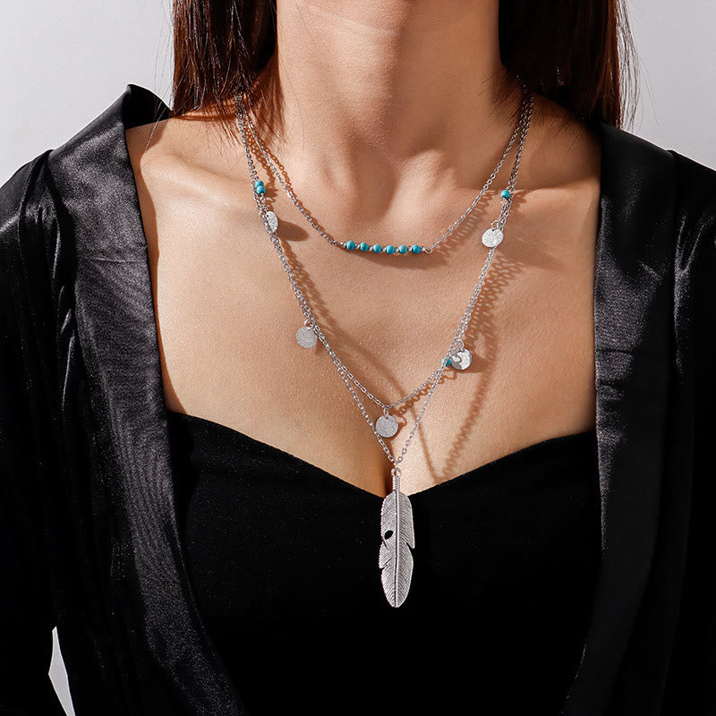 Olivenorma Turquoise Leaf Pendant Three Layer Necklace