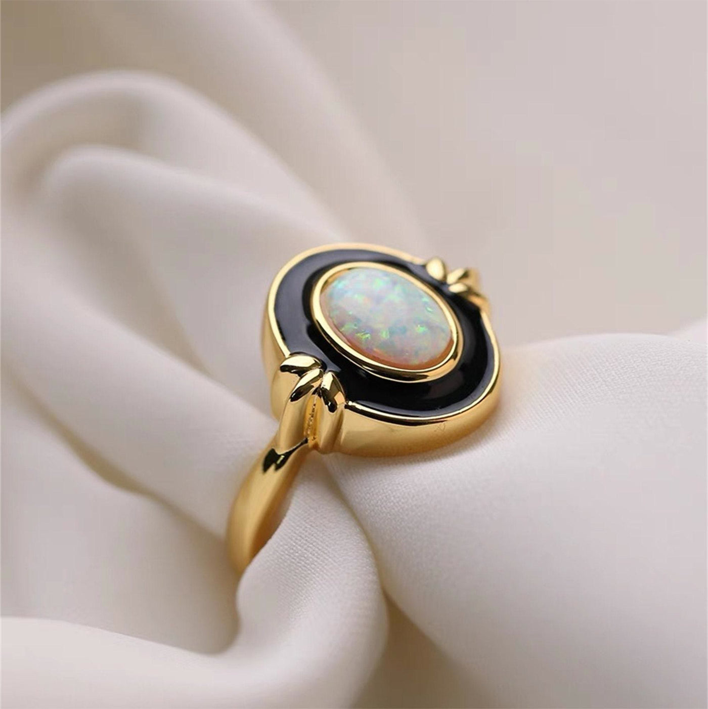 Olivenorma Dainty Opal Black Epoxy Vintage Ring