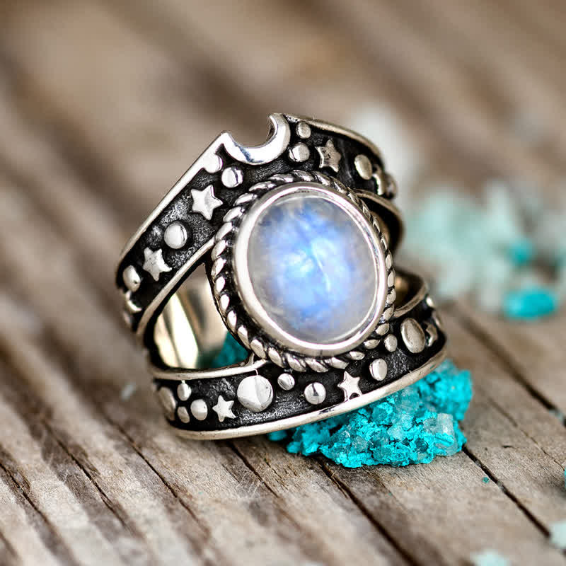 Olivenorma Bohemia Retro Moonstone Moon Star Ring