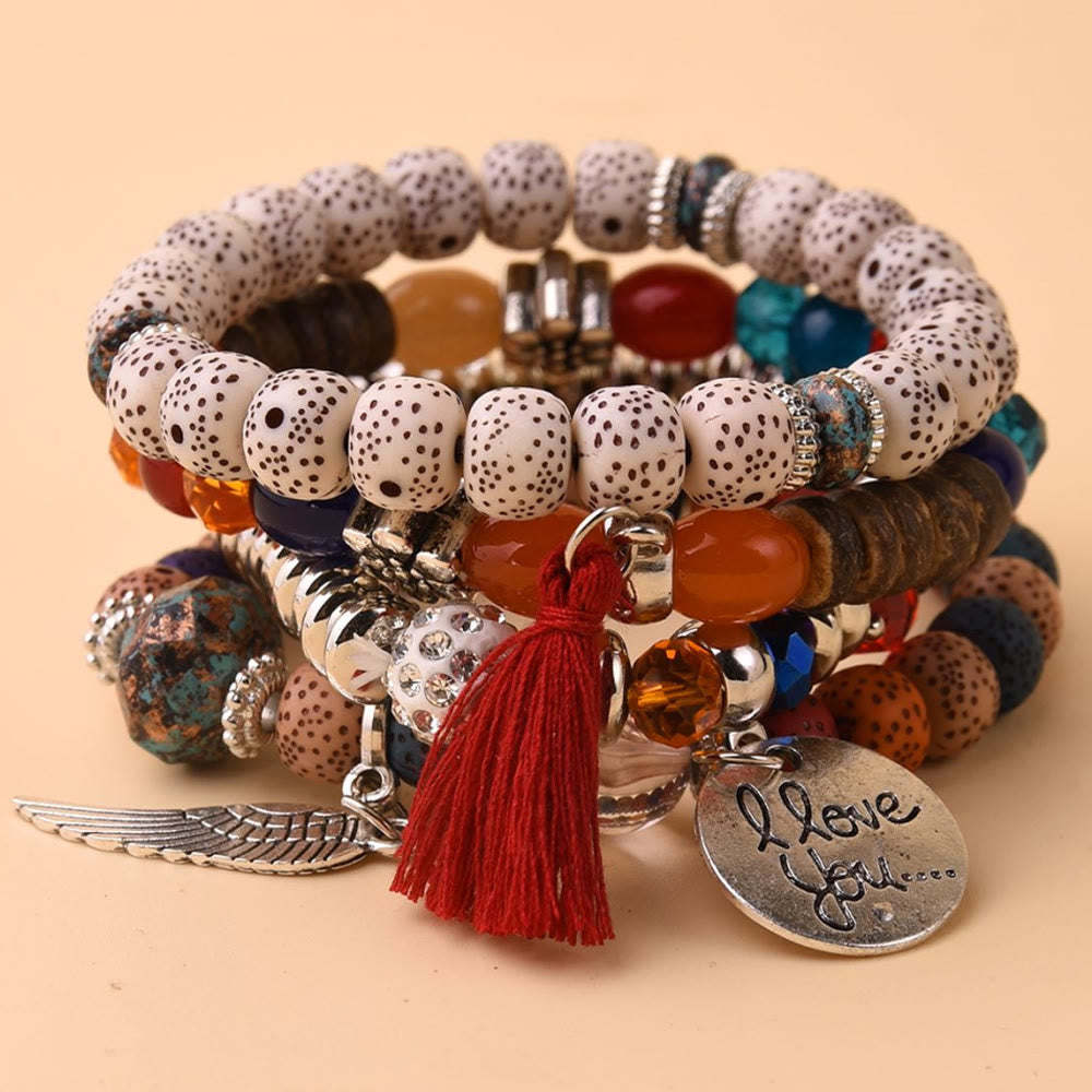 Olivenorma 4pcs Bohemia Bead Tassel Feather Bracelet Set