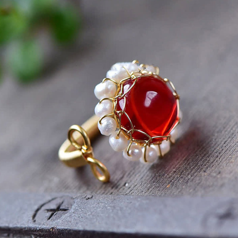 Red Quartz With Pearl Healing Ring