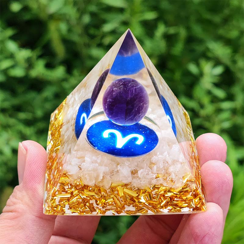 Olivenorma Amethyst with Clear Quartz Aries Zodiac Orgone Pyramid