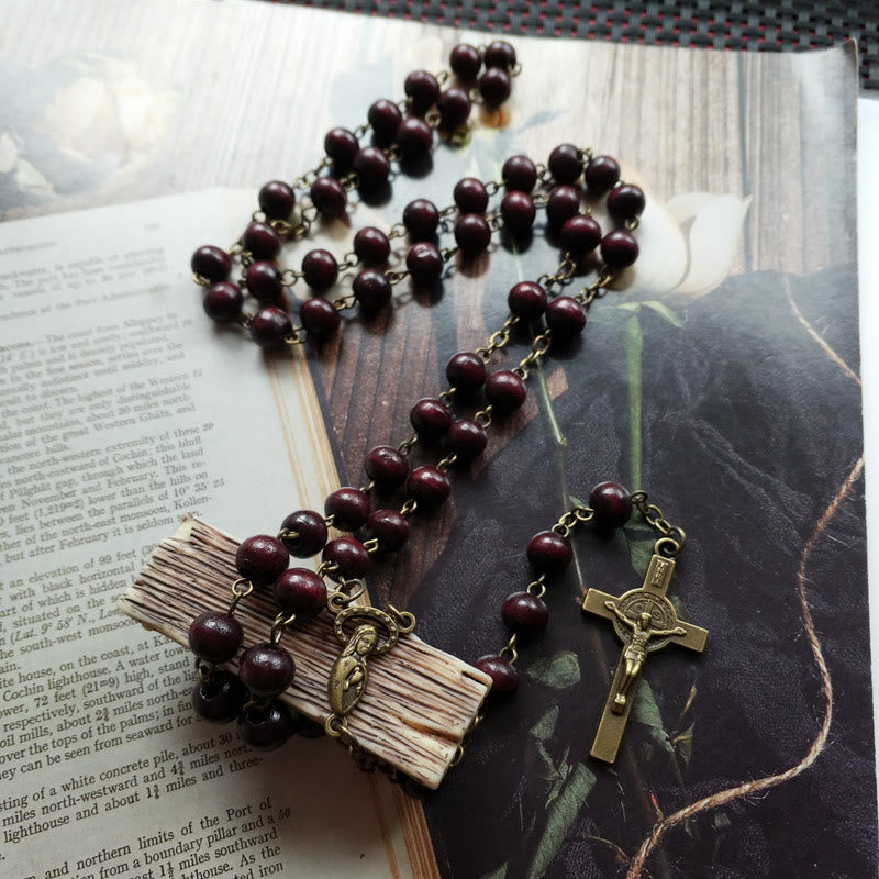 Olivenorma Wood Rosary Copper Cross Pendant Necklace