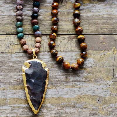 Olivenorma Tiger Eye Obsidian Stone Arrowhead Pendant Mala Necklace