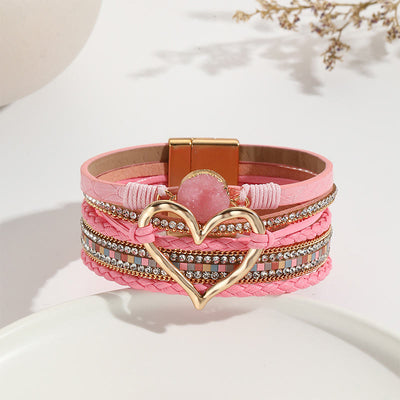 Olivenorma Multicolor Crystal Cluster Metallic Heart Braided Leather Bracelet