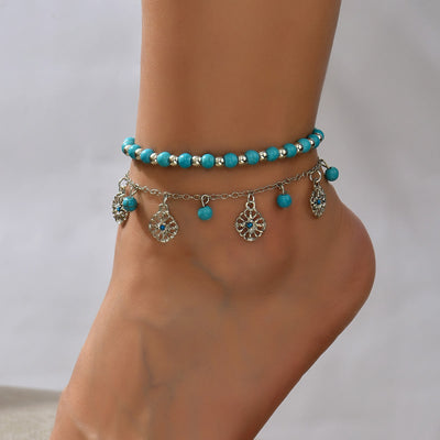 Olivenorma Turquoise Diamond Flower Pendant 2Set Bohemia Anklets