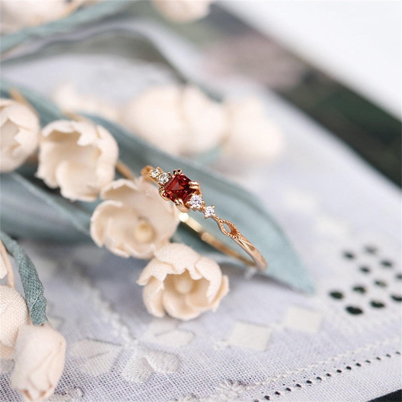 Olivenorma Dainty Square Garnet Gold Minimalist Ring