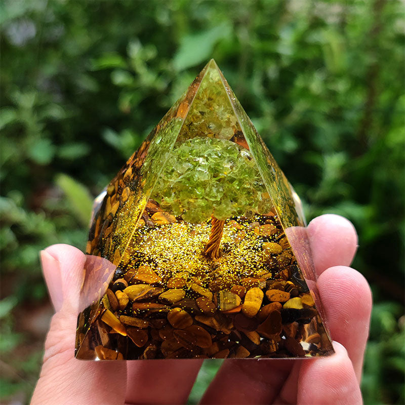 Olivenorma Tiger Eye with Peridot Tree Of Life Orgone Pyramid