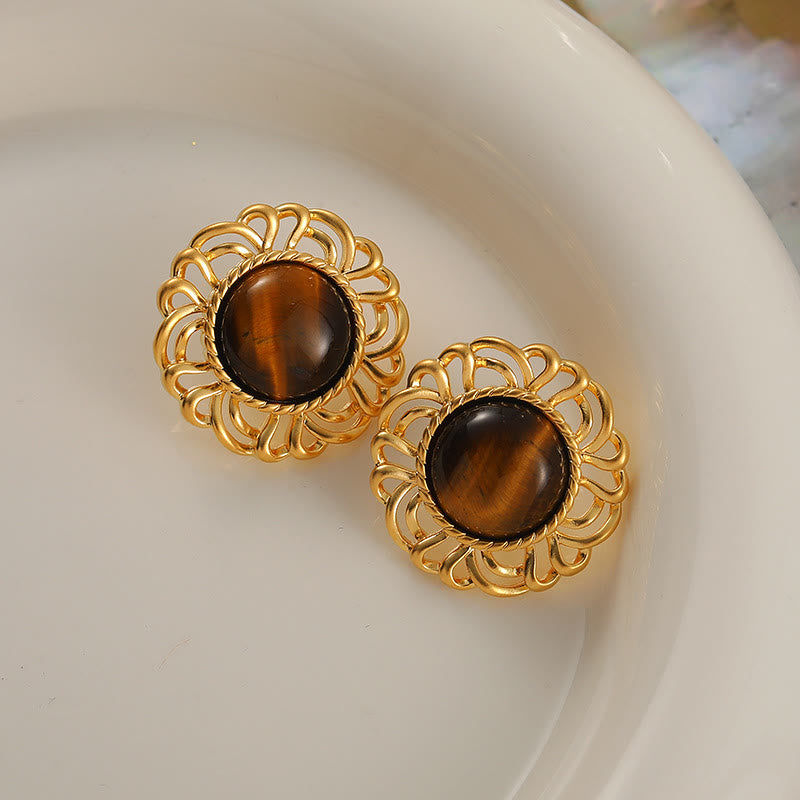 Olivenorma Tiger Eye Sunflower Gold Earrings