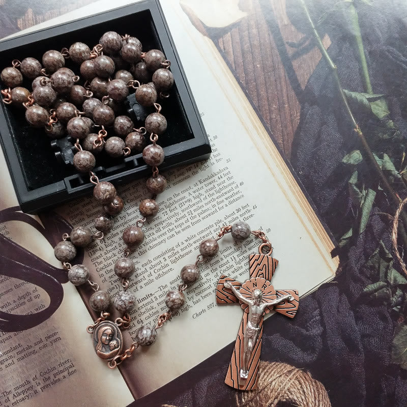 Olivenorma Snowflake Obsidian Jesus Cross Rosary Necklace