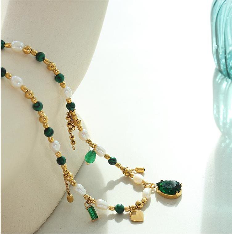 Olivenorma Emerald Pearl Beaded Non Fading Gold Necklace