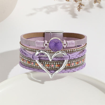 Olivenorma Multicolor Crystal Cluster Metallic Heart Braided Leather Bracelet